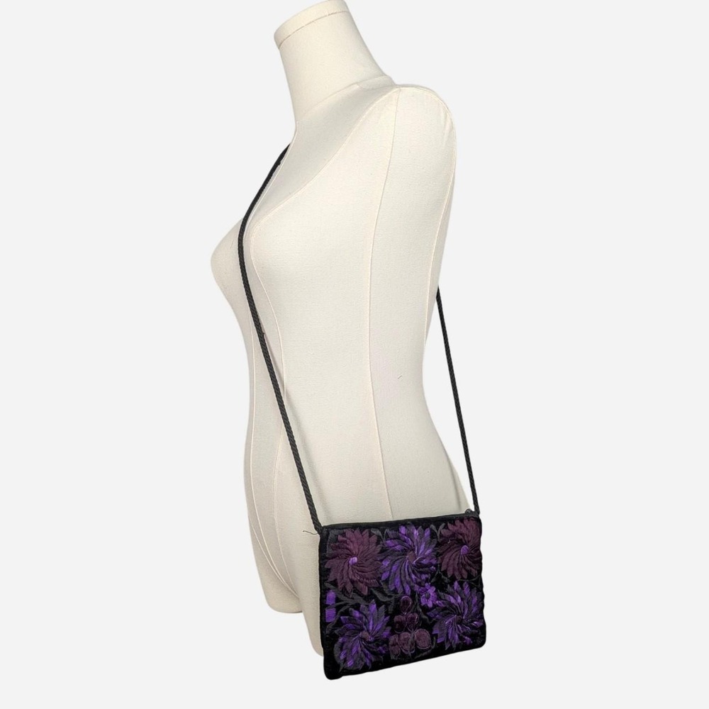 Embroidered Floral Velvet Crossbody Bag Purple Black Guatemala Small Zip Purse